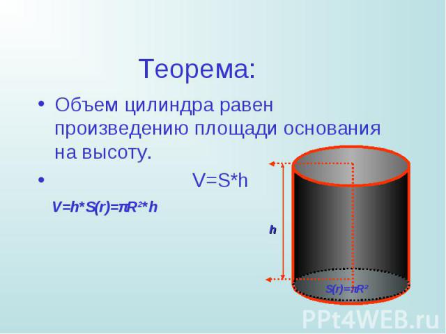 Объем цилиндра равен произведению площади основания на высоту. Объем цилиндра равен произведению площади основания на высоту. V=S*h