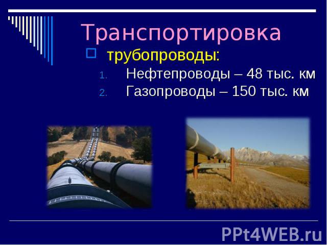 трубопроводы: трубопроводы: Нефтепроводы – 48 тыс. км Газопроводы – 150 тыс. км