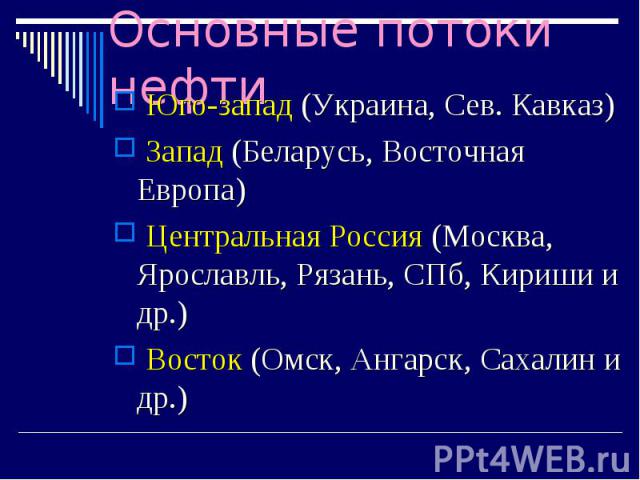 Юго-запад (Украина, Сев. Кавказ) Юго-запад (Украина, Сев. Кавказ) Запад (Беларусь, Восточная Европа) Центральная Россия (Москва, Ярославль, Рязань, СПб, Кириши и др.) Восток (Омск, Ангарск, Сахалин и др.)