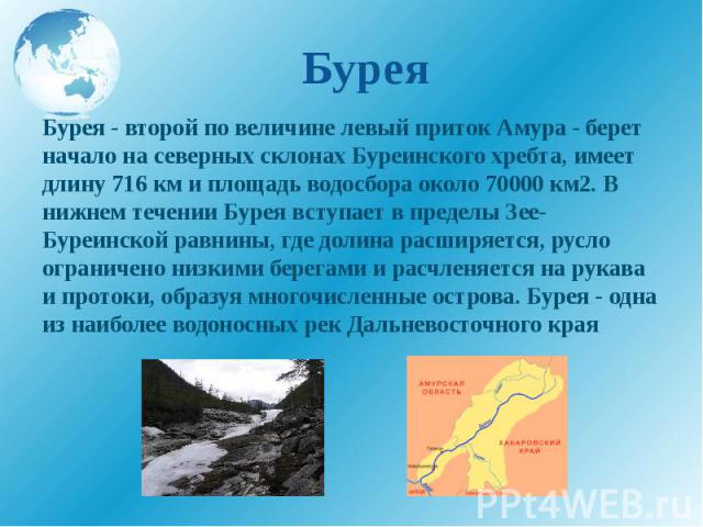 Бурея Бурея - второй по величине левый приток Амура - берет начало на северных склонах Буреинского хребта, имеет длину 716 км и площадь водосбора около 70000 км2. В нижнем течении Бурея вступает в пределы Зее-Буреинской равнины, где долина расширяет…