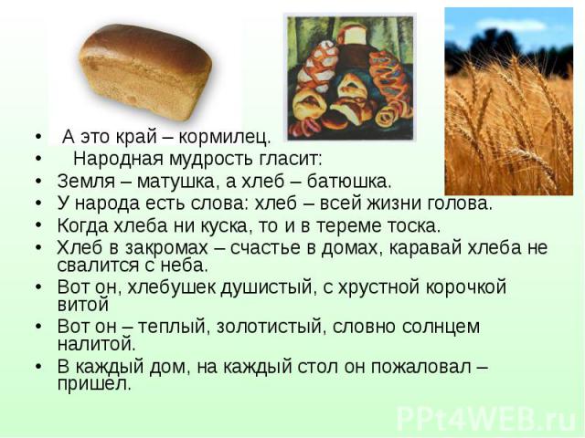 А это край – кормилец. А это край – кормилец. Народная мудрость гласит: Земля – матушка, а хлеб – батюшка. У народа есть слова: хлеб – всей жизни голова. Когда хлеба ни куска, то и в тереме тоска. Хлеб в закромах – счастье в домах, каравай хлеба не …