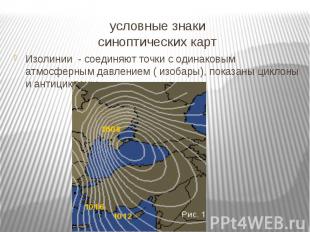 условные знаки синоптических карт Изолинии - соединяют точки с одинаковым атмосф