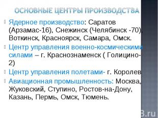 Ядерное производство: Саратов (Арзамас-16), Снежинск (Челябинск -70), Воткинск,