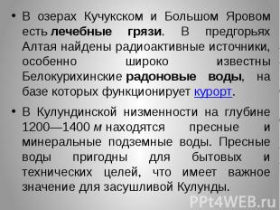 В озерах Кучукском и Большом Яровом есть&nbsp;лечебные грязи. В предгорьях Алтая