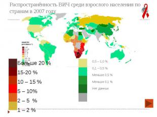 Распространённость ВИЧ среди взрослого населения по странам в 2007&nbsp;году Бол