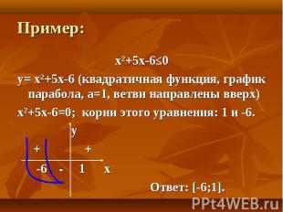 х²+5х-6≤0 х²+5х-6≤0 y= х²+5х-6 (квадратичная функция, график парабола, а=1, ветв