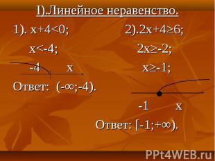 I).Линейное неравенство. I).Линейное неравенство. 1). х+4&lt;0; 2).2х+4≥6; х&lt;