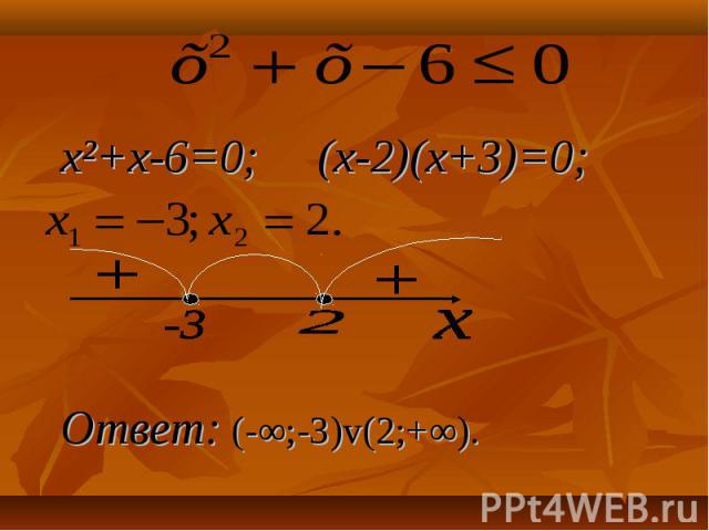 x²+x-6=0; (х-2)(х+3)=0; x²+x-6=0; (х-2)(х+3)=0; Ответ: (-∞;-3)v(2;+∞).