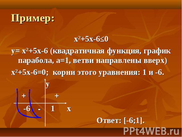 х²+5х-6≤0 х²+5х-6≤0 y= х²+5х-6 (квадратичная функция, график парабола, а=1, ветви направлены вверх) х²+5х-6=0; корни этого уравнения: 1 и -6. у + + -6 1 x Ответ: [-6;1].
