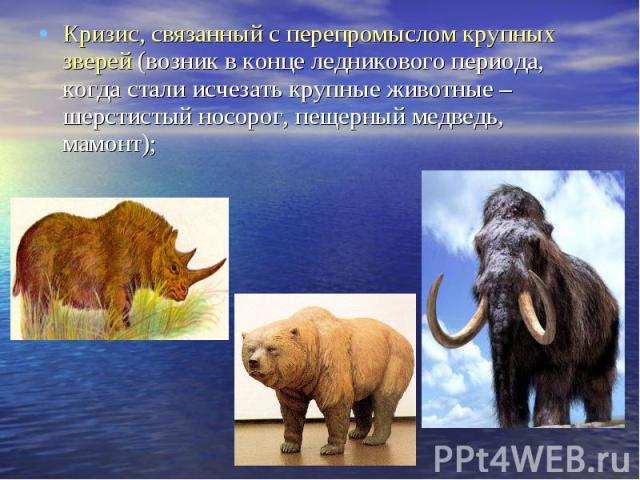 Кризис, связанный с перепромыслом крупных зверей (возник в конце ледникового периода, когда стали исчезать крупные животные – шерстистый носорог, пещерный медведь, мамонт); Кризис, связанный с перепромыслом крупных зверей (возник в конце ледникового…