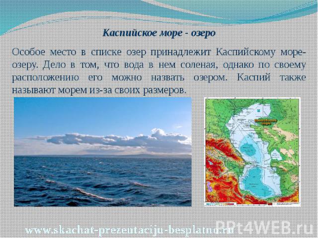 Каспийское море - озеро Каспийское море - озеро Особое место в списке озер принадлежит Каспийскому море- озеру. Дело в том, что вода в нем соленая, однако по своему расположению его можно назвать озером. Каспий также называют морем из-за своих размеров.