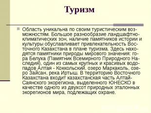 Туризм Область уникальна по своим туристическим воз-можностям. Большое разнообра