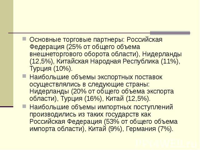 Основные торговые партнеры: Российская Федерация (25% от общего объема внешнеторгового оборота области), Нидерланды (12,5%), Китайская Народная Республика (11%), Турция (10%). Основные торговые партнеры: Российская Федерация (25% от общего объема вн…