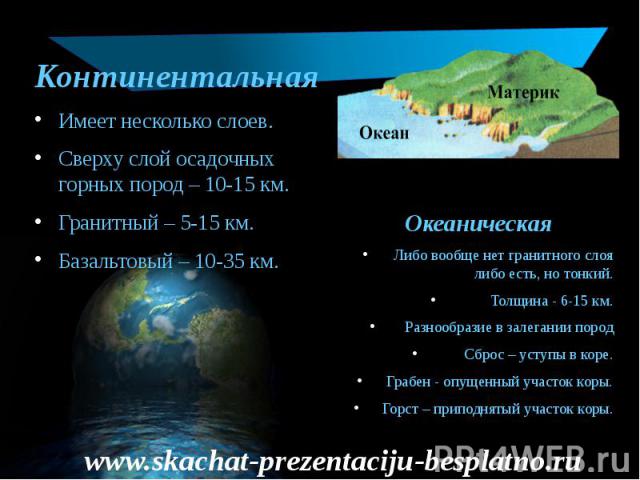 Континентальная Континентальная Имеет несколько слоев. Сверху слой осадочных горных пород – 10-15 км. Гранитный – 5-15 км. Базальтовый – 10-35 км.