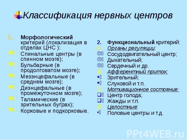 Классификация нервных центров Морфологический критерий (локализация в отделах ЦНС ): Спинальные центры (в спинном мозге); Бульбарные (в продолговатом мозге); Мезэнцефальные (в среднем мозге); Диэнцефальные (в промежуточном мозге); Таламические (в зр…