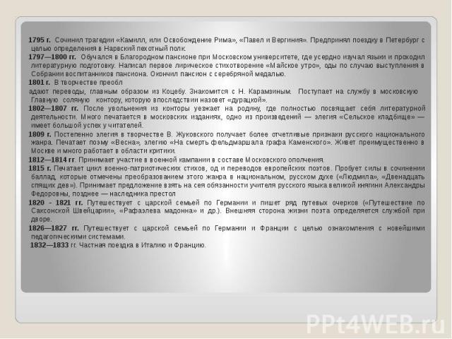 1795 г. Сочинил трагедии «Камилл, или Освобождение Рима», «Павел и Вергиния». Предпринял поездку в Петербург с целью определения в Нарвский пехотный полк. 1797—1800 гг. Обучался в Благородном пансионе при Московском университете, где усердно изучал …