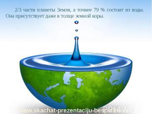 2/3 части планеты Земля, а точнее 79 % состоит из воды. Она присутствует даже в