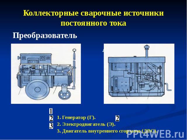 Коллекторные сварочные источники постоянного тока Агрегат (Г + ДВС) 1. Генератор (Г). 2. Электродвигатель (Э). 3. Двигатель внутреннего сгорания (ДВС).