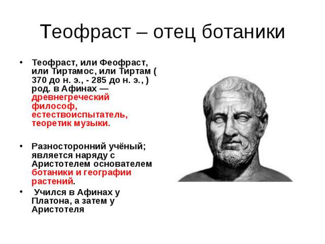 Теофраст – отец ботаники Теофраст, или Феофраст, или Тиртамос, или Тиртам ( 370 до н. э., - 285 до н. э., ) род. в Афинах — древнегреческий философ, естествоиспытатель, теоретик музыки. Разносторонний учёный; является наряду с Аристотелем основателе…