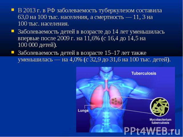В 2013 г. в РФ заболеваемость туберкулезом составила 63,0 на 100 тыс. населения, а смертность — 11, 3 на 100 тыс. населения. В 2013 г. в РФ заболеваемость туберкулезом составила 63,0 н…