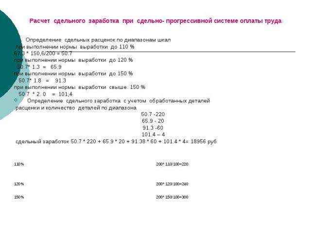 Определение сдельных расценок по диапазонам шкал Определение сдельных расценок по диапазонам шкал при выполнении нормы выработки до 110 % 67.3 * 150,6/200 = 50.7 при выполнении нормы выработки до 120 % 50.7* 1.3 = 65.9 при выполнении нормы выработки…