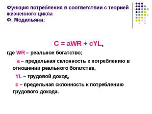 C = aWR + cYL, где WR – реальное богатство; а – предельная склонность к потребле