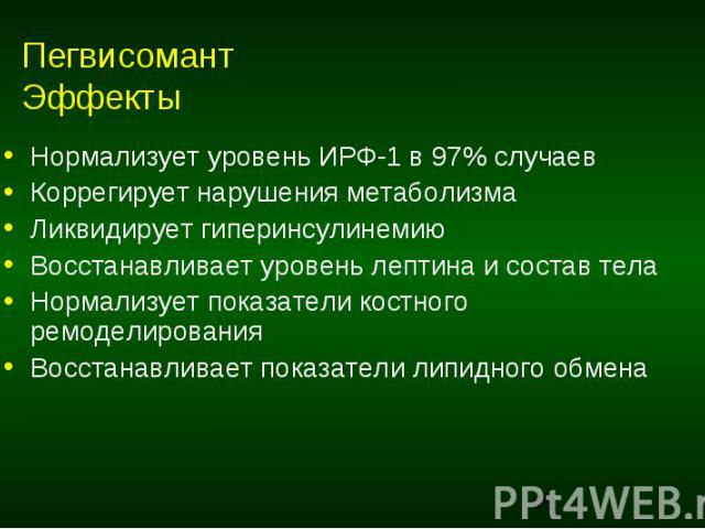 Пегвисомант Эффекты Нормализует уровень ИРФ-1 в 97% случаев Коррегирует нарушения метаболизма Ликвидирует гиперинсулинемию Восстанавливает уровень лептина и состав тела Нормализует показатели костного ремоделирования Восстанавливает показатели липид…