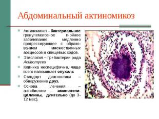 Абдоминальный актиномикоз Актиномикоз - бактериальное гранулематозное гнойное за
