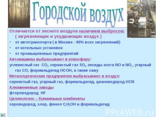 Отличается от лесного воздуха наличием выбросов: ( загрязняющих и ухудшающих воз