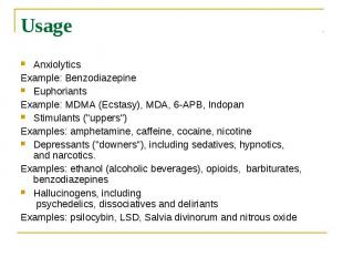 Usage Anxiolytics Example:&nbsp;Benzodiazepine Euphoriants Example:&nbsp;MDMA&nb