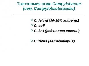 C. jejuni (90-98% кишечн.) C. jejuni (90-98% кишечн.) C. coli C. lari (редко вне