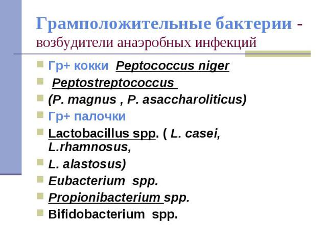 Гр+ кокки Peptococcus niger Гр+ кокки Peptococcus niger Peptostreptococcus (P. magnus , P. asaccharoliticus) Гр+ палочки Lactobacillus spp. ( L. casei, L.rhamnosus, L. alastosus) Eubacterium spp. Propionibacterium spp. Bifidobacterium spp.