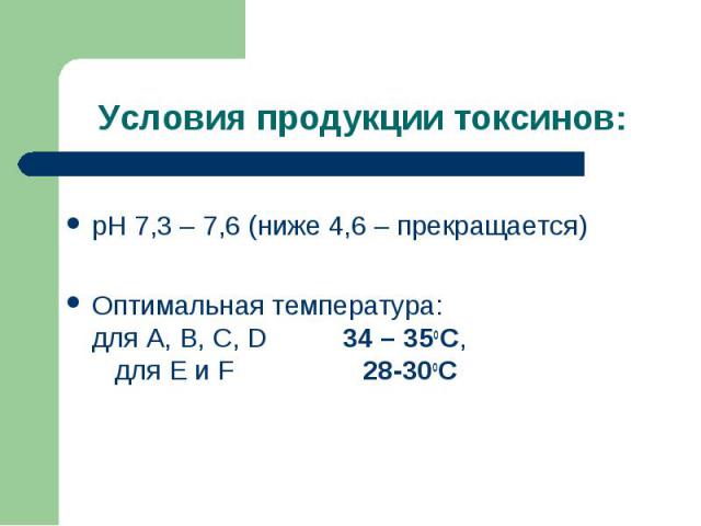 рН 7,3 – 7,6 (ниже 4,6 – прекращается) рН 7,3 – 7,6 (ниже 4,6 – прекращается) Оптимальная температура: для А, В, С, D 34 – 35оС, для Е и F 28-30оС