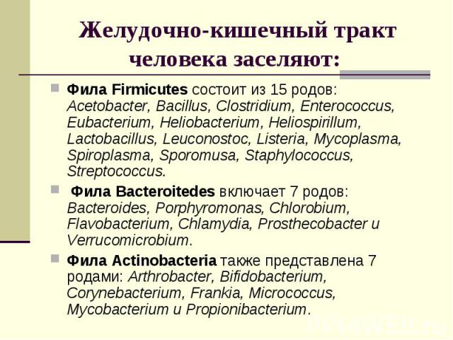 Фила Firmicutes состоит из 15 родов: Acetobacter, Bacillus, Сlostridium, Enterococcus, Eubacterium, Heliobacterium, Heliospirillum, Lactobacillus, Leuconostoc, Listeria, Mycoplasma, Spiroplasma, Sporomusa, Staphylococcus, Streptococcus. Фила Firmicu…