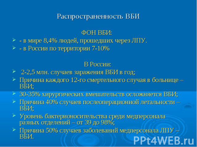 Распространенность ВБИ ФОН ВБИ: - в мире 8,4% людей, прошедших через ЛПУ. - в России по территории 7-10% В России: 2-2,5 млн. случаев заражения ВБИ в год; Причина каждого 12-го смертельного случая в больнице – ВБИ; 30-35% хирургических вмешательств …