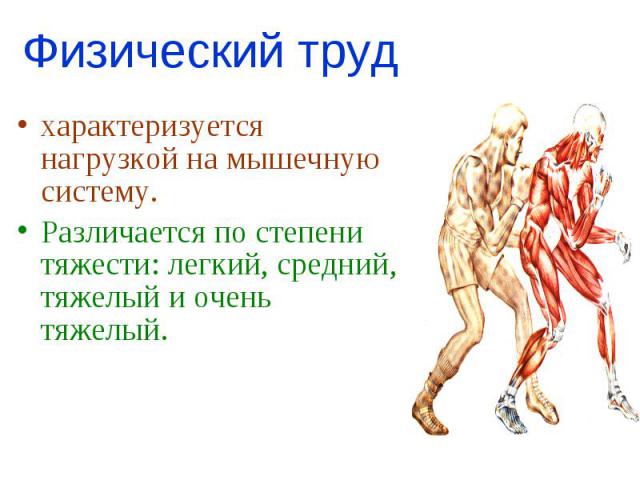 Физический труд характеризуется нагрузкой на мышечную систему. Различается по степени тяжести: легкий, средний, тяжелый и очень тяжелый.