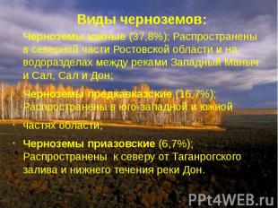 Виды черноземов: Черноземы южные (37,8%); Распространены в северной части Ростов