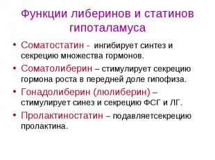 Функции либеринов и статинов гипоталамуса Соматостатин - ингибирует синтез и сек