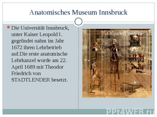Anatomisches Museum Innsbruck Die Universität Innsbruck, unter Kaiser Leopold I. gegründet nahm im Jahr 1672 ihren Lehrbetrieb auf.Die erste anatomische Lehrkanzel wurde am 22. April 1689 mit Theodor Friedrich von STADTLENDER besetzt.