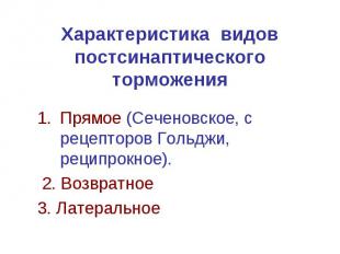 Характеристика видов постсинаптического торможения Прямое (Сеченовское, с рецепт