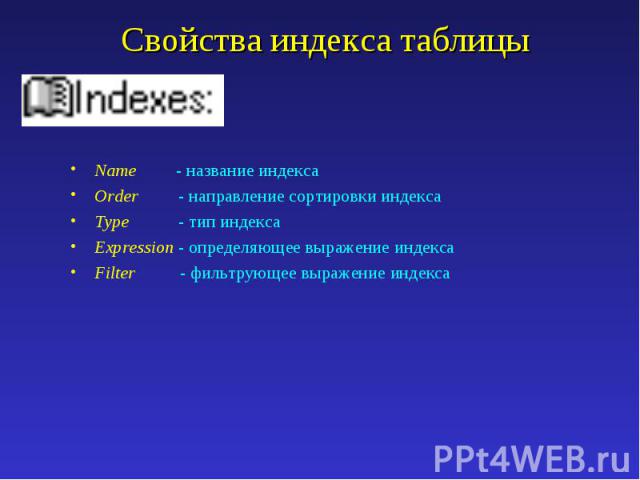 Name - название индекса Name - название индекса Order - направление сортировки индекса Type - тип индекса Expression - определяющее выражение индекса Filter - фильтрующее выражение индекса