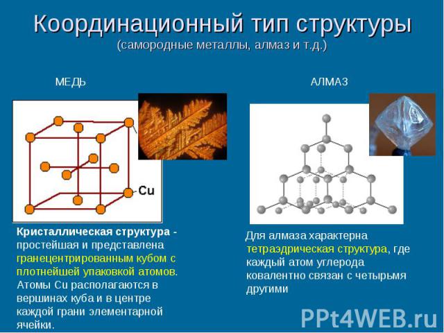 Координационный тип структуры (самородные металлы, алмаз и т.д.) Для алмаза характерна тетраэдрическая структура, где каждый атом углерода ковалентно связан с четырьмя другими
