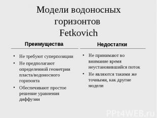 Модели водоносных горизонтов Fetkovich Не требуют суперпозиции Не предполагают о