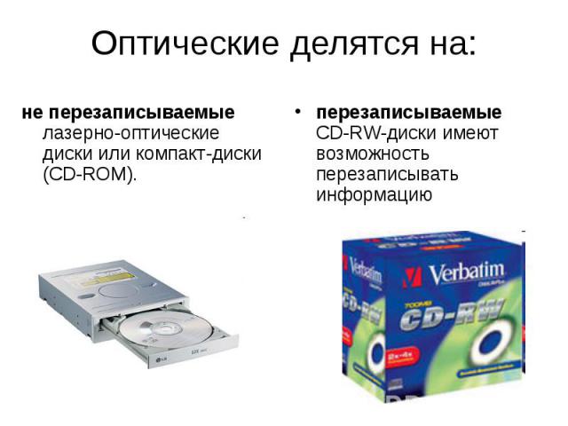 Оптические делятся на: не перезаписываемые лазерно-оптические диски или компакт-диски (CD-ROM).
