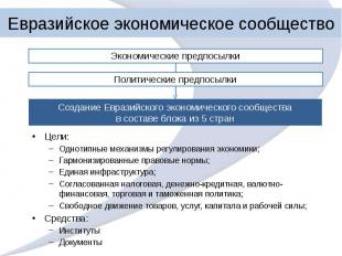 Евразийское экономическое сообщество Цели: Однотипные механизмы регулирования эк