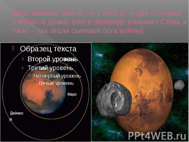 Марс меньше Земли, но у него есть два спутника – Фобос и Демос (что в переводе означает Страх и Ужас – так звали сыновей бога войны)