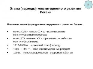 Этапы (периоды) конституционного развития России Основные этапы (периоды) консти