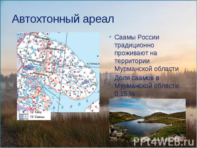 Автохтонный ареал Саамы России традиционно проживают на территории Мурманской области Доля саамов в Мурманской области: 0,15 %