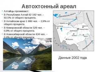 Автохтонный ареал Алтайцы проживают: В Республике Алтай 62 192 чел. - 92,5% от о