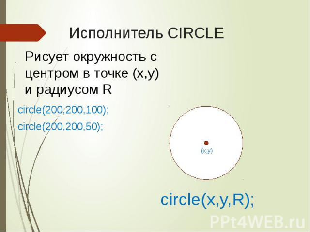 Исполнитель CIRCLE circle(200,200,100); circle(200,200,50);